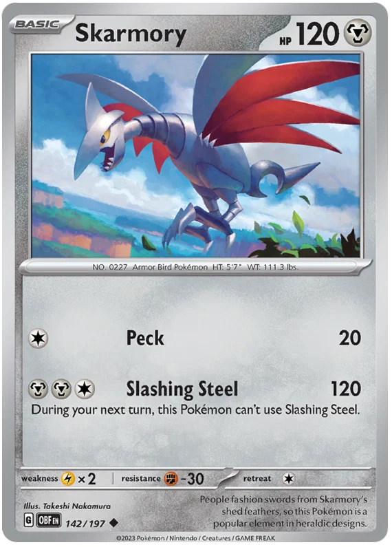 Skarmory #142 common Pokémon kaart uit de Obsidian Flames set
