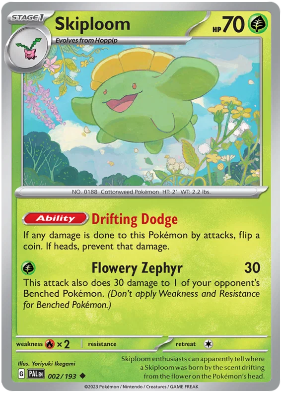 Skiploom common kaart nummer 002 uit de Pokémon Paldea Evolved set