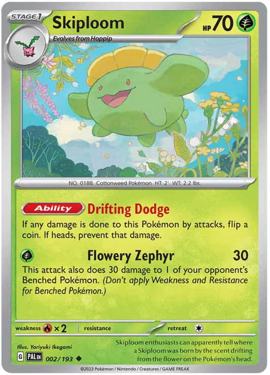 Skiploom common kaart nummer 002 uit de Pokémon Paldea Evolved set