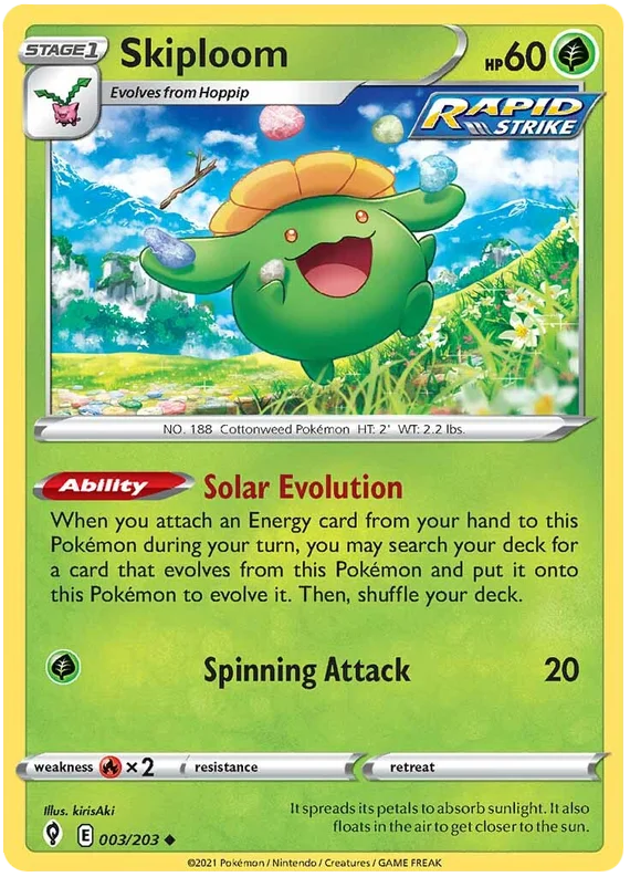 Pokémon Skiploom common kaart 003/203 uit de Evolving Skies set met Rapid Strike symbool