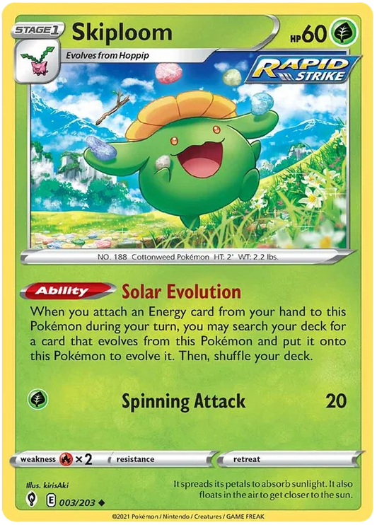 Pokémon Skiploom common kaart 003/203 uit de Evolving Skies set met Rapid Strike symbool