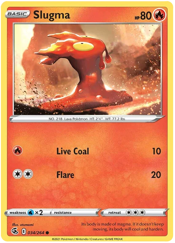 Slugma 034/264 common Pokémon kaart uit de Fusion Strike set met Live Coal en Flare aanval