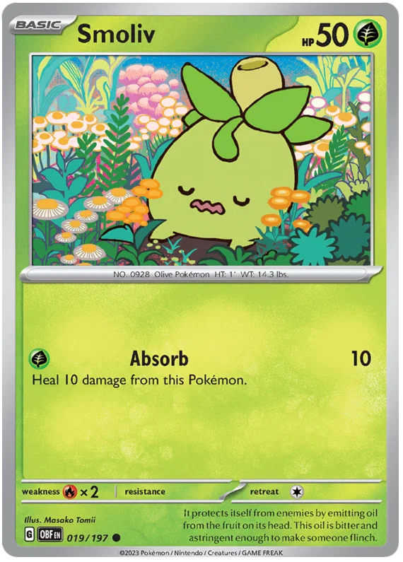 Pokémon Smoliv common kaart nummer 019 uit de Obsidian Flames set