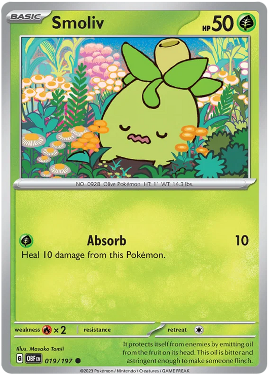 Pokémon Smoliv common kaart nummer 019 uit de Obsidian Flames set