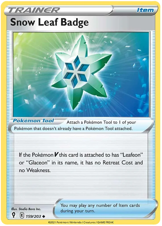 Snow Leaf Badge Pokémon kaart 159/203 uit Evolving Skies, common trainer item