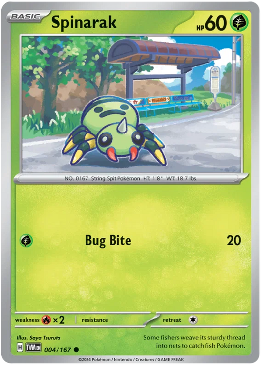 Spinarak common kaart nummer 004 uit de Pokémon Twilight Masquerade set