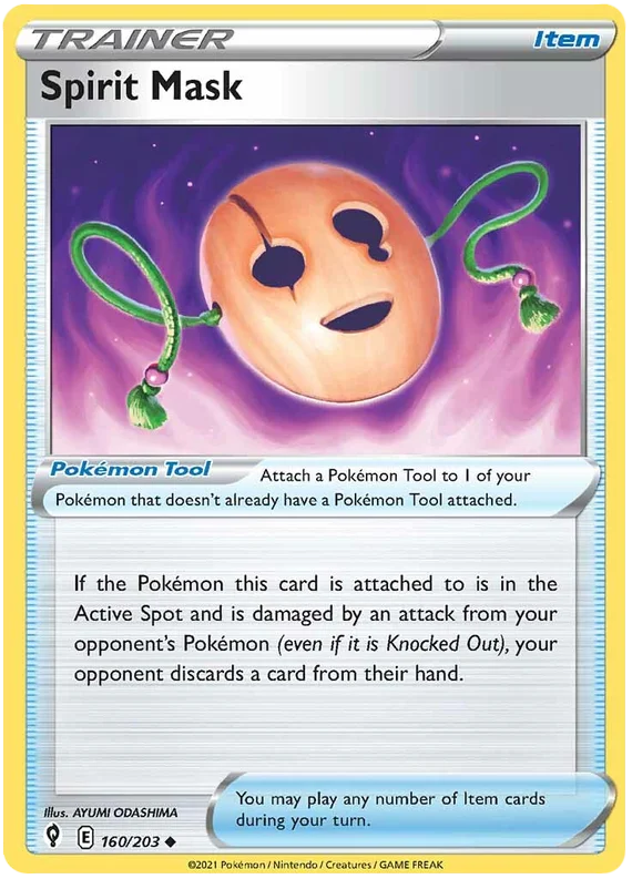 Pokémon Spirit Mask kaart #160/203 uit de Evolving Skies set, common item trainer kaart