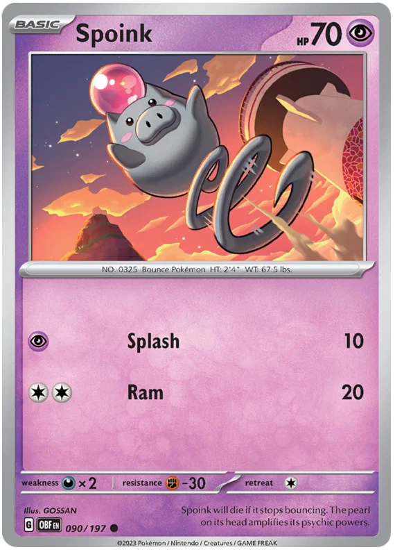 Pokémon Spoink common kaart uit de Obsidian Flames set, kaartnummer 090/197
