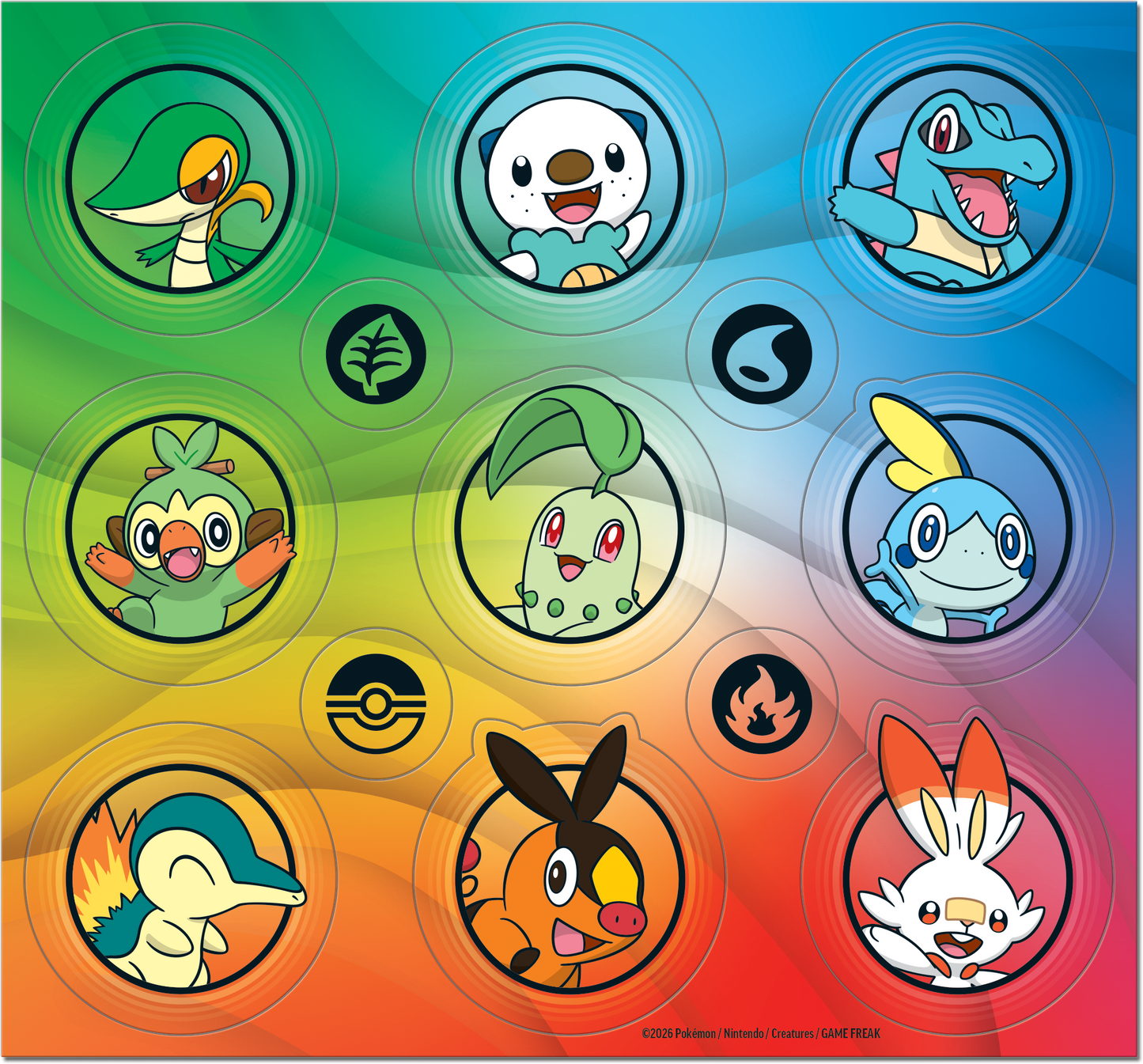 Stickervel met alle starter Pokémon uit de regio's Johto, Unova en Galar.