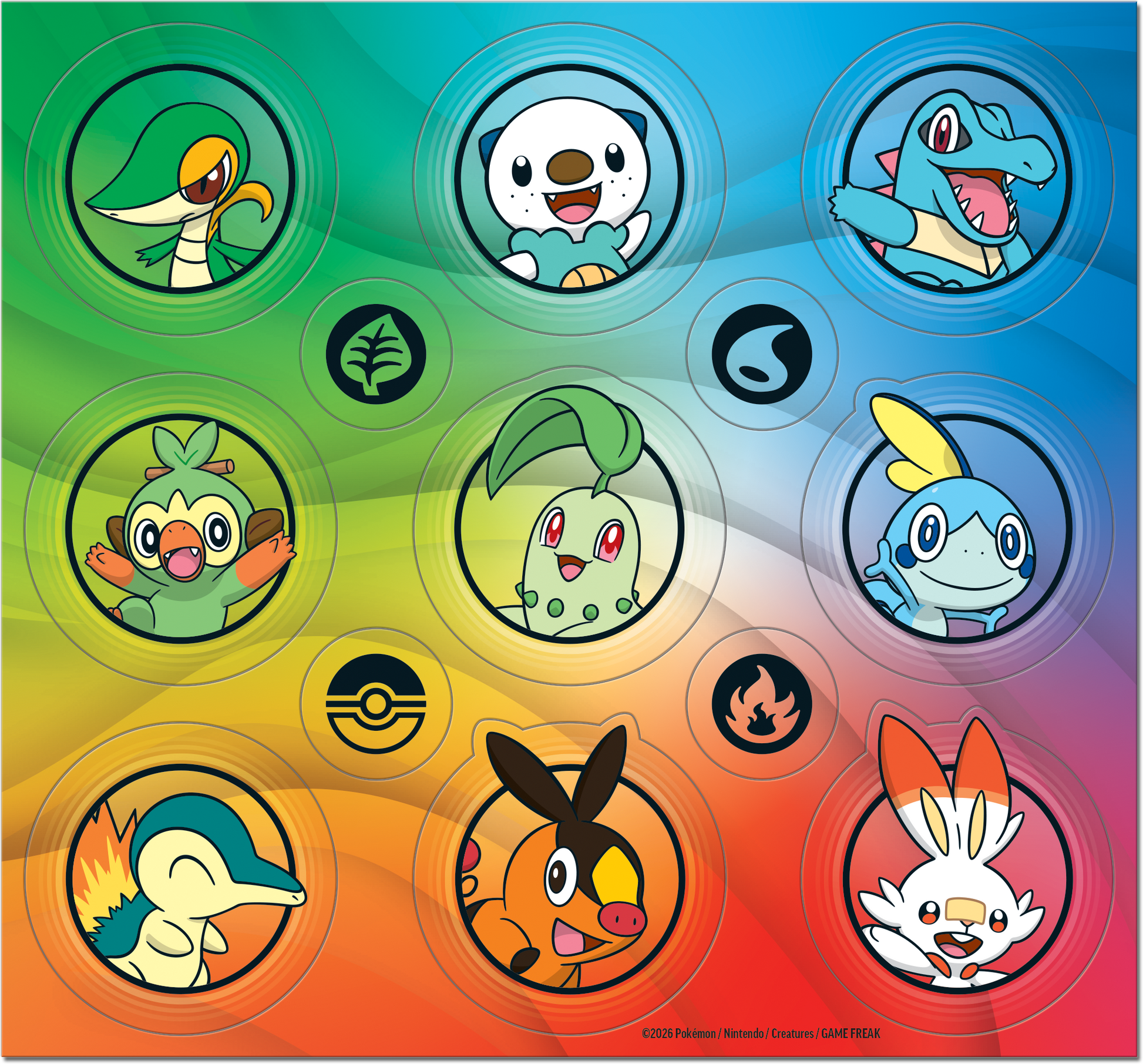 Stickervel met alle starter Pokémon uit de regio's Johto, Unova en Galar.