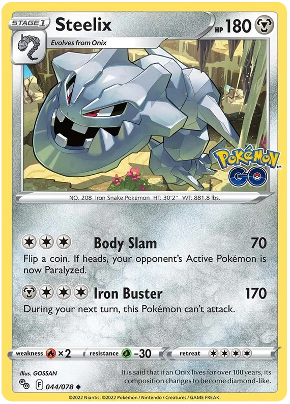 Steelix common kaart 044/078 uit de Pokemon GO set met Body Slam en Iron Buster aanval
