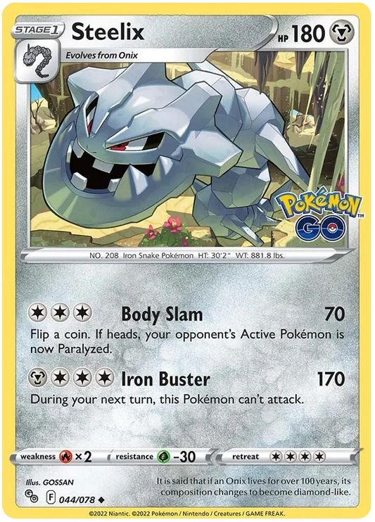 Steelix common kaart 044/078 uit de Pokemon GO set met Body Slam en Iron Buster aanval