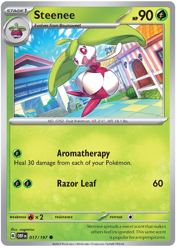 Pokémon Steenee common kaart nummer 017 uit de Obsidian Flames set