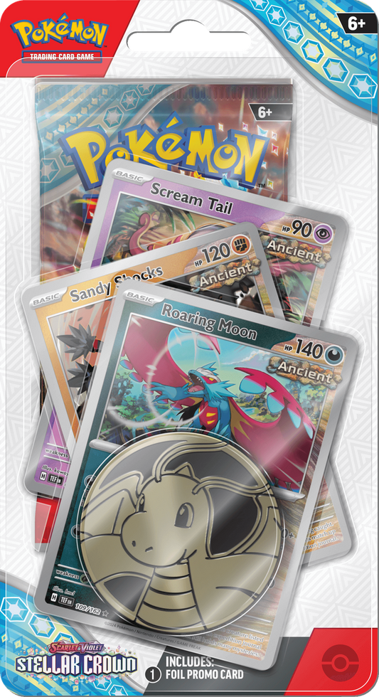 Stellar Crown Ancient Premium Checklane Blister met promo van Ancient Pokémon, Dragonite munt en Stellar Crown boosterpack.