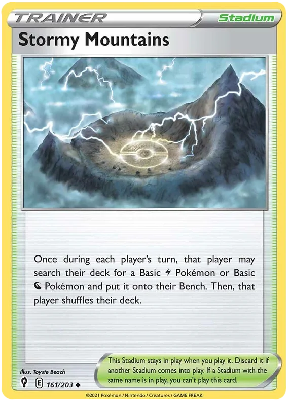 Pokémon Stormy Mountains stadium kaart uit Evolving Skies, nummer 161/203