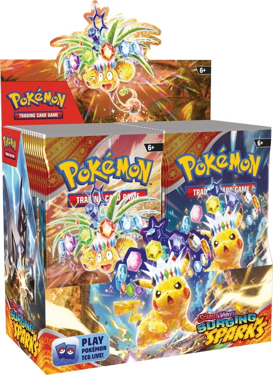 Pokémon Surging Sparks Sealed Booster Box met 36 booster packs en kans op Pikachu ex, Latias ex en zeldzame art kaarten.