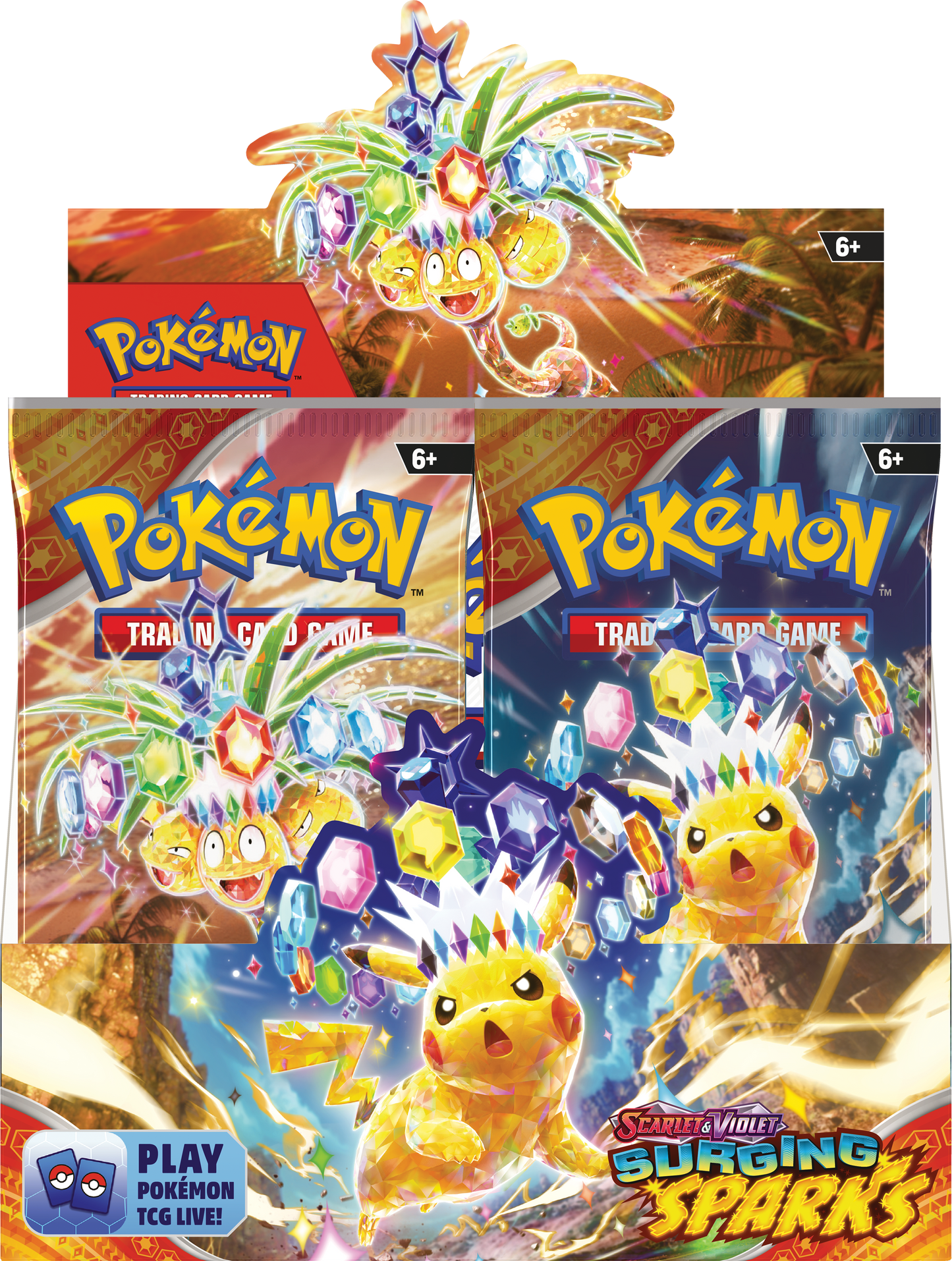 Pokémon Surging Sparks Sealed Booster Box met 36 booster packs en kans op Pikachu ex, Latias ex en zeldzame art kaarten.