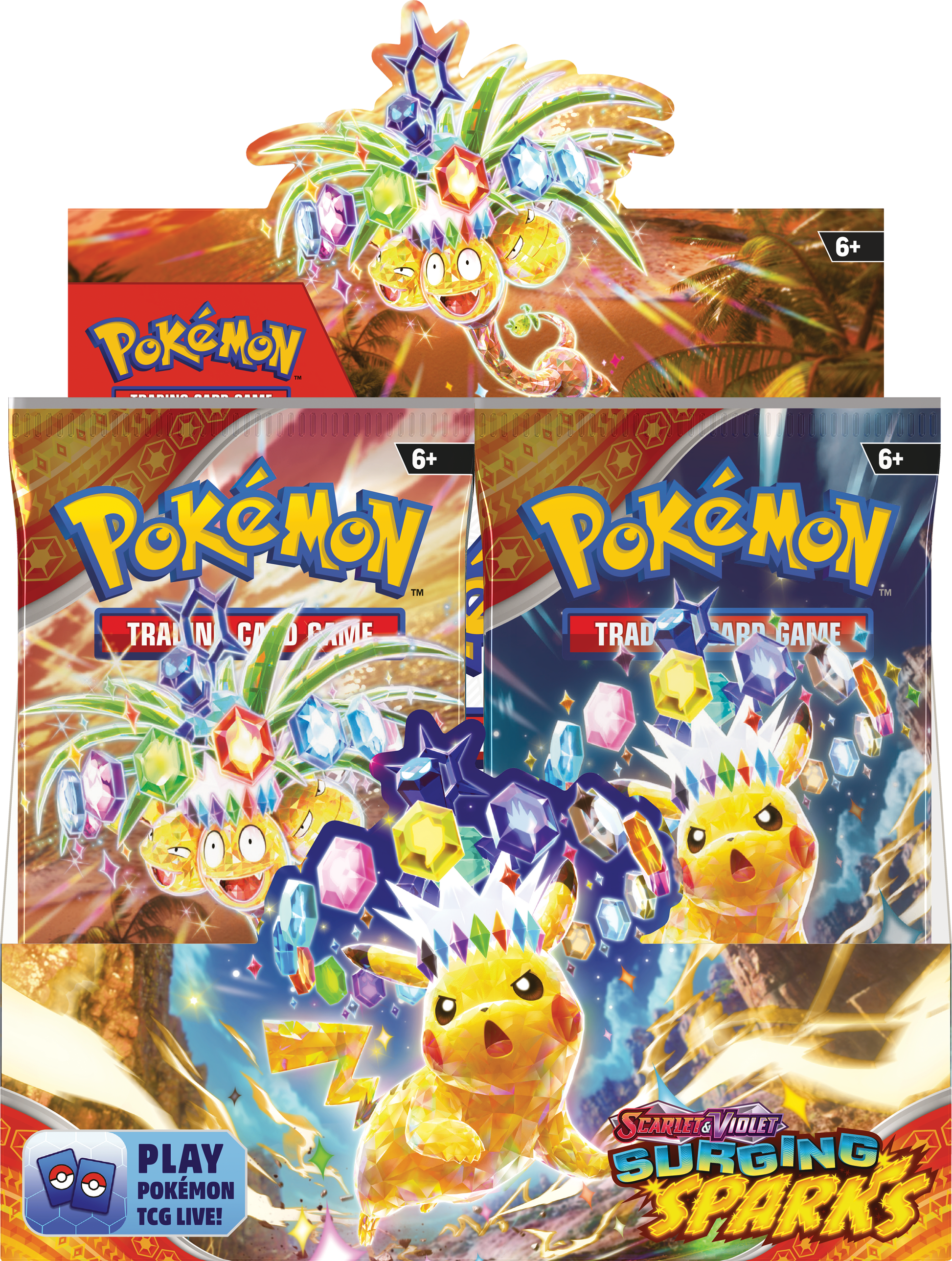 Pokémon Surging Sparks Sealed Booster Box met 36 booster packs en kans op Pikachu ex, Latias ex en zeldzame art kaarten.