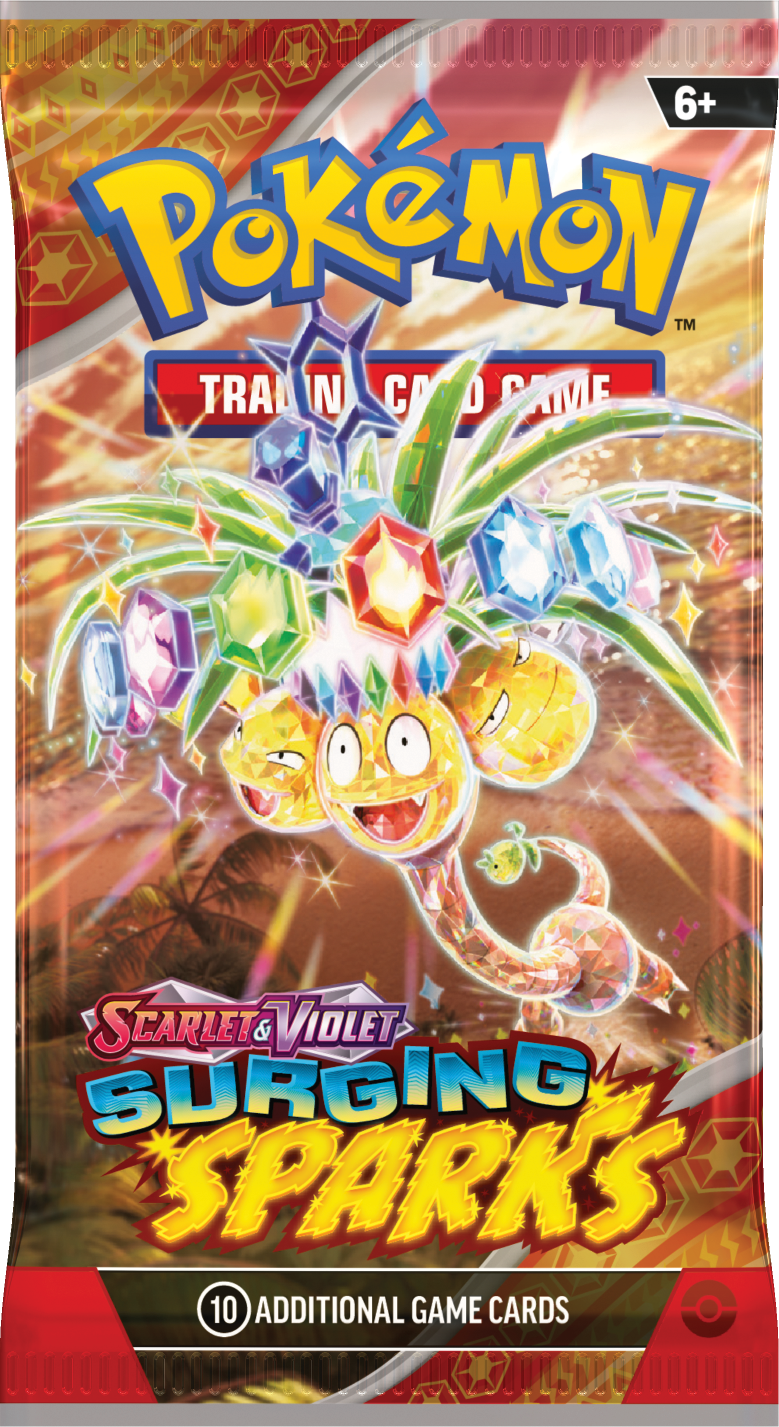 Pokémon Surging Sparks Sealed Booster Box met 36 booster packs en kans op Pikachu ex, Latias ex en zeldzame art kaarten.