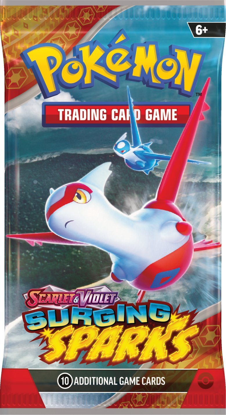 Pokémon Surging Sparks Sealed Booster Box met 36 booster packs en kans op Pikachu ex, Latias ex en zeldzame art kaarten.