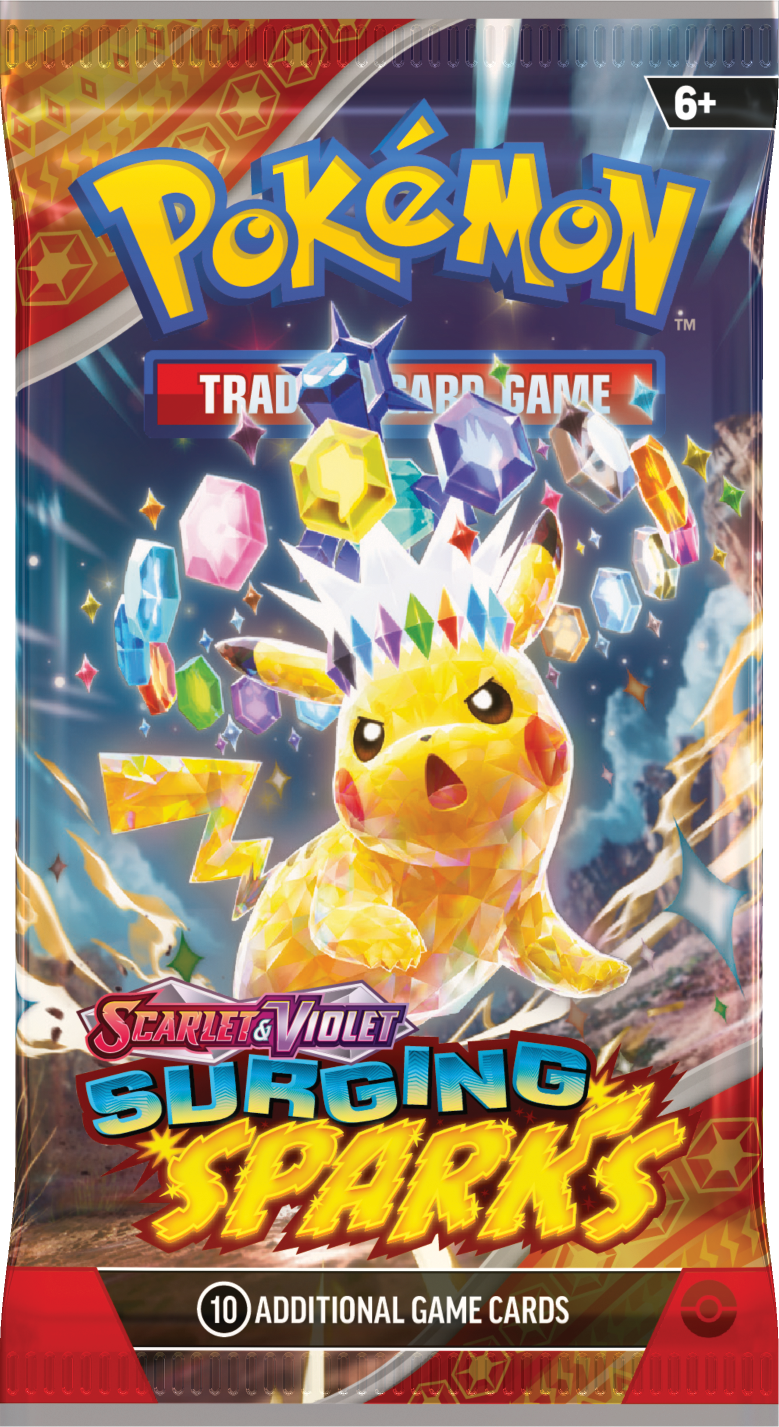 Pokémon Surging Sparks Sealed Booster Box met 36 booster packs en kans op Pikachu ex, Latias ex en zeldzame art kaarten.