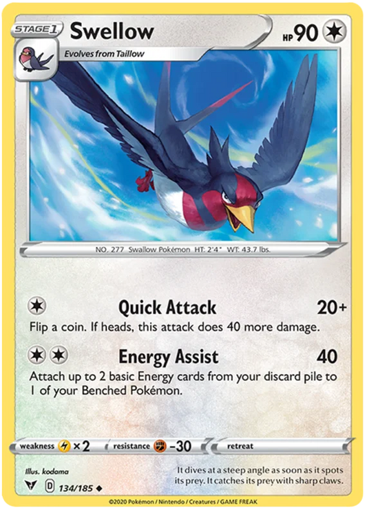 Swellow common Pokémon kaart nummer 134/185 uit Vivid Voltage set