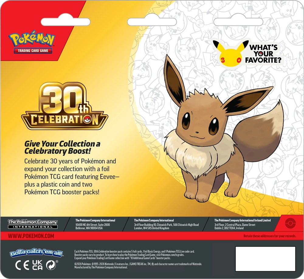 Achterkant van de Pokémon 30th Celebration Eevee 2-Pack Blister met productinformatie en de complete inhoudsdetails.