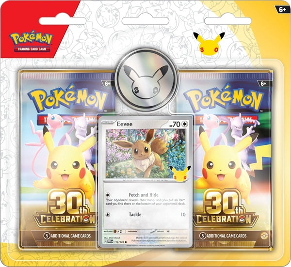 Vooraanzicht van de officiële Pokémon TCG 30th Celebration 2-Pack Blister Eevee verpakking met de promo-kaart en boosters zichtbaar.