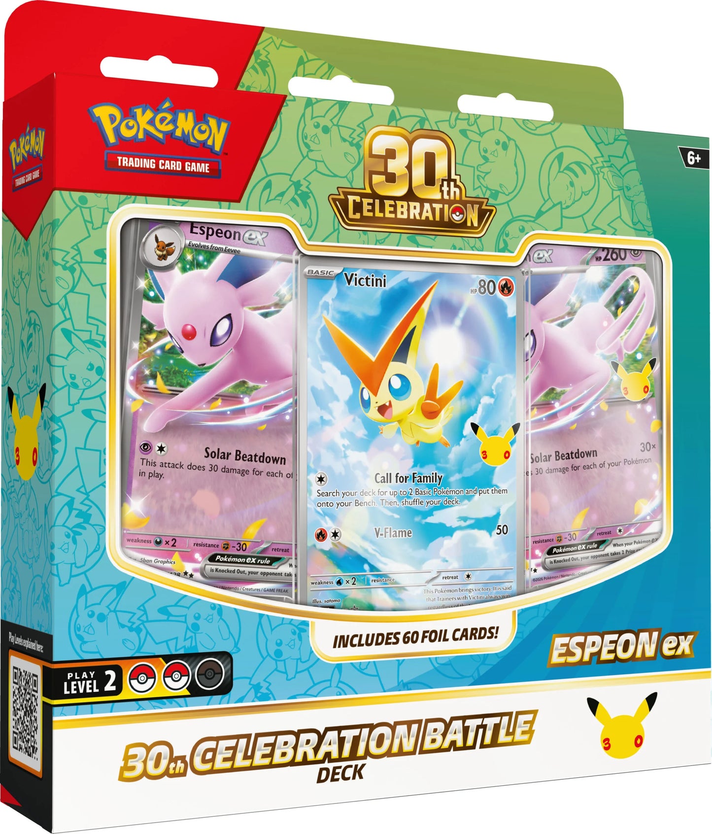 Vooraanzicht van de officiële Pokémon TCG 30th Celebration Battle Deck Espeon ex verpakking.