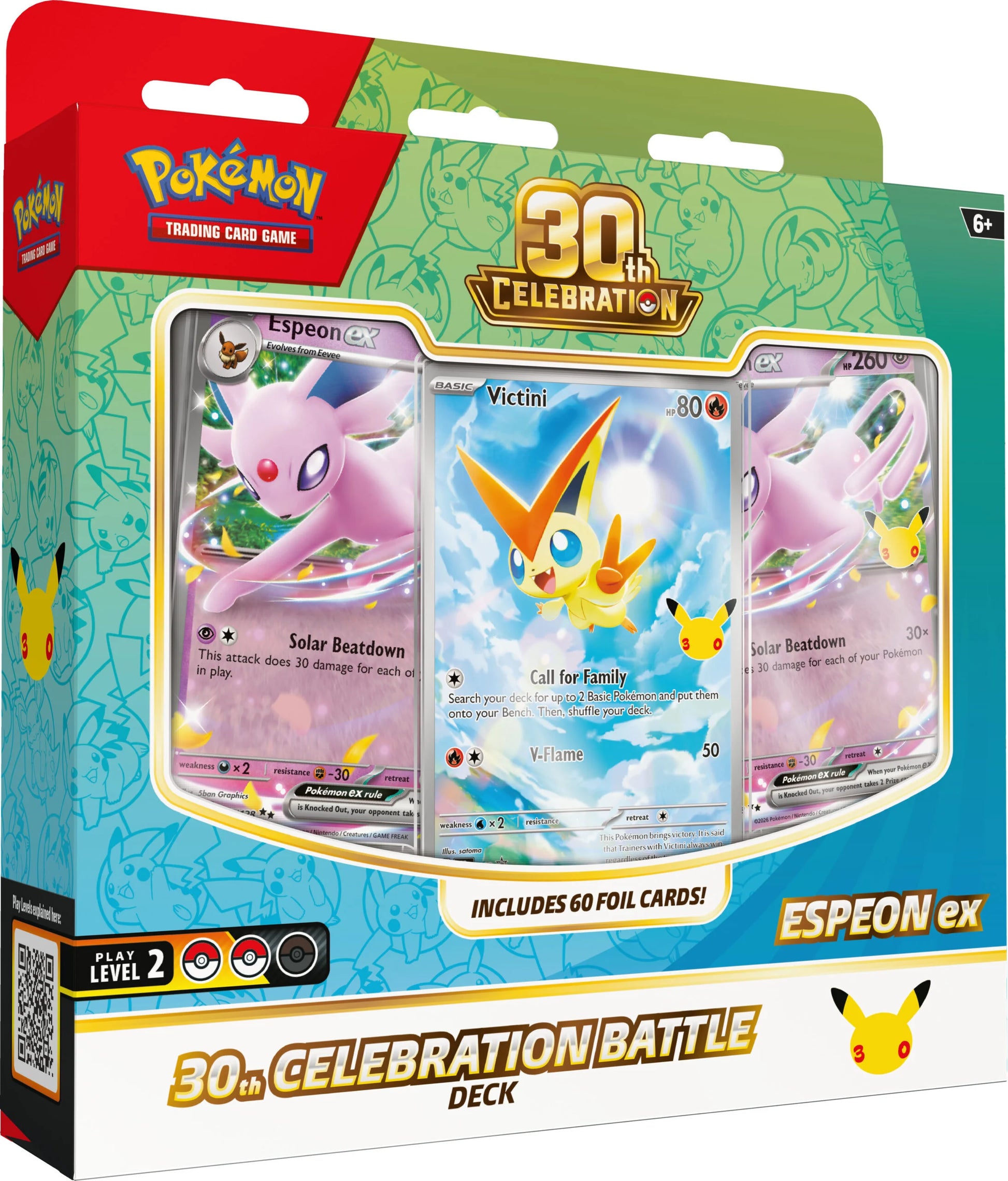 Vooraanzicht van de officiële Pokémon TCG 30th Celebration Battle Deck Espeon ex verpakking.