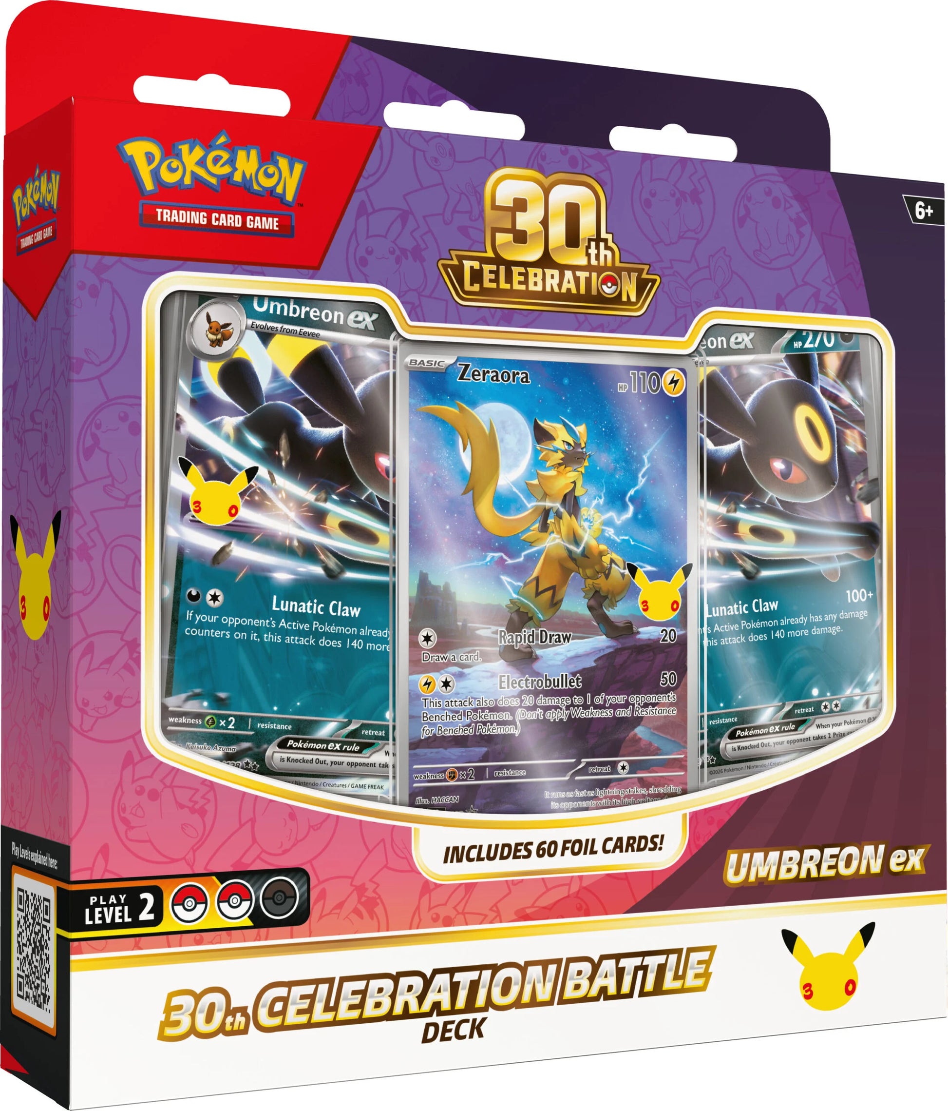 Vooraanzicht van de officiële Pokémon TCG 30th Celebration Battle Deck Umbreon ex verpakking.
