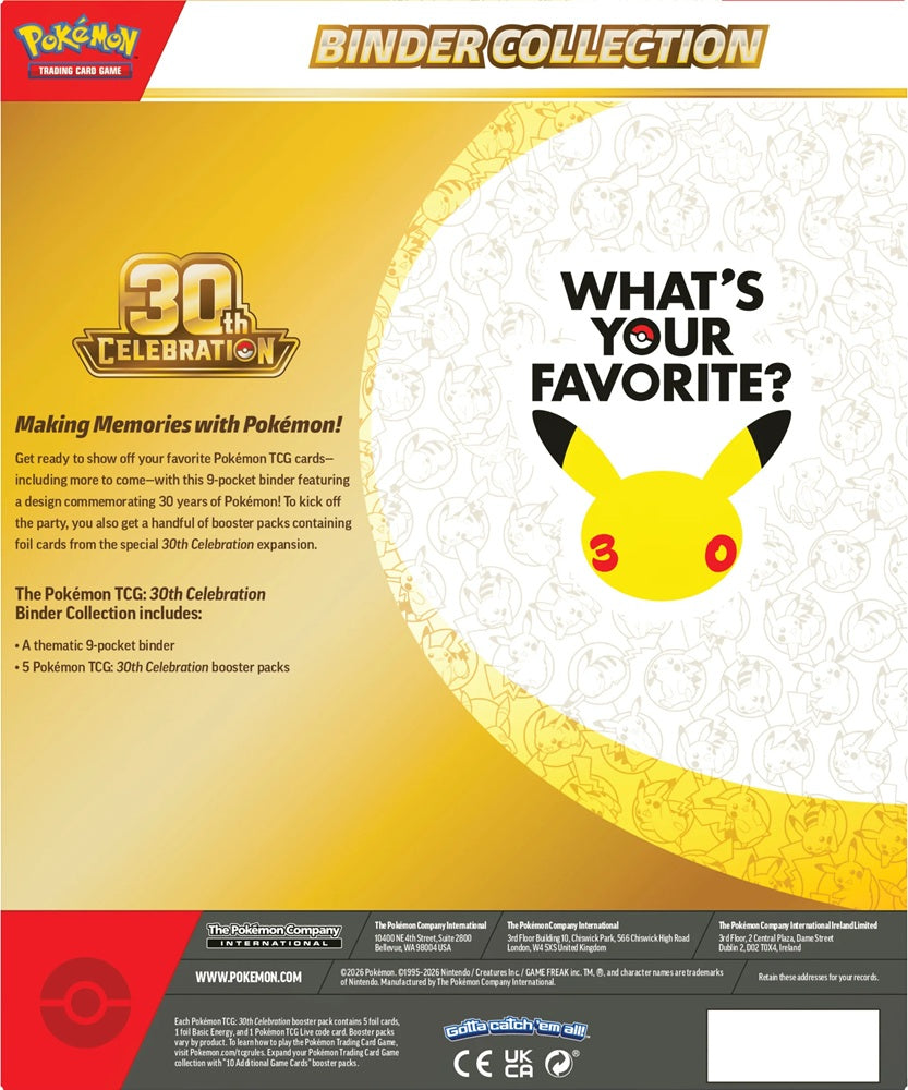 Achterkant van de Pokémon 30th Celebration Binder Collection doos met productinformatie en een overzicht van de inhoud.