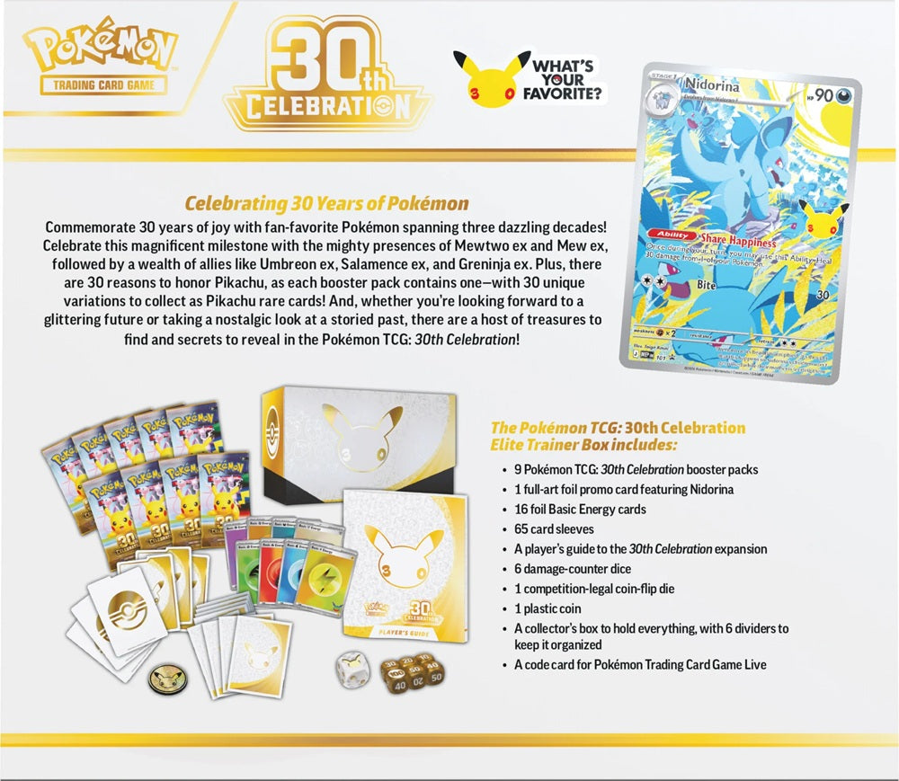 Achterkant van de Pokémon 30th Celebration Elite Trainer Box met de complete inhoudslijst en productdetails.