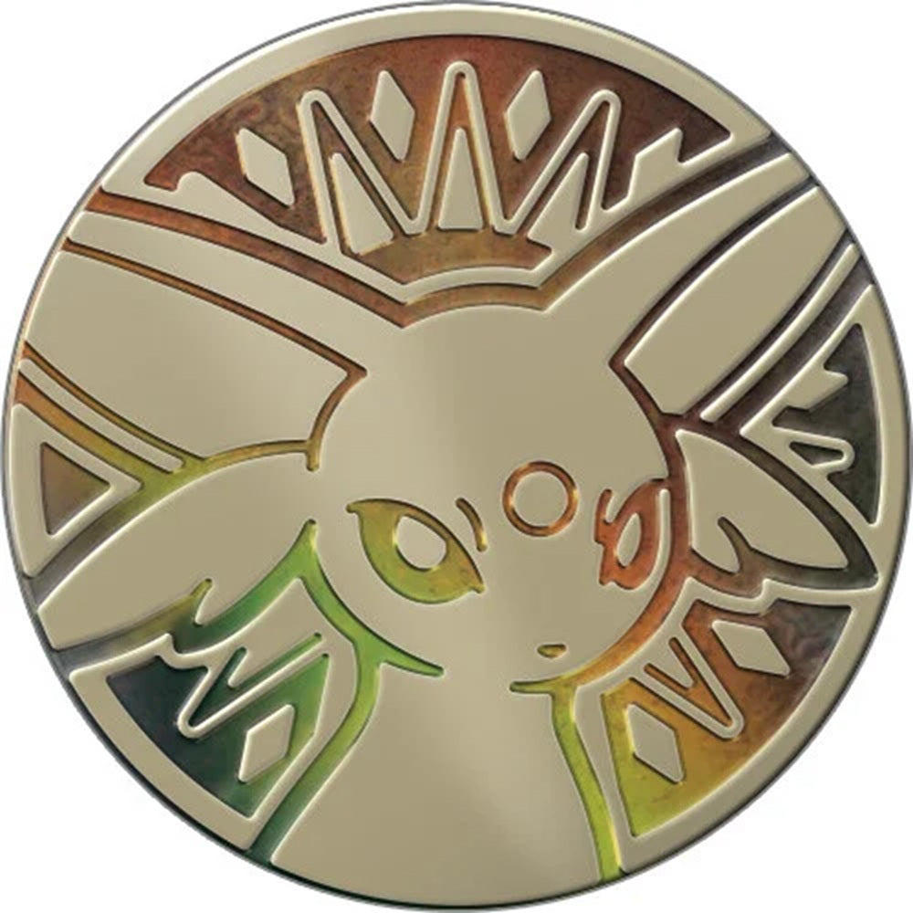 Close-up van de glimmende, zware metalen Espeon verzamelmunt uit de 30th Celebration UPC.