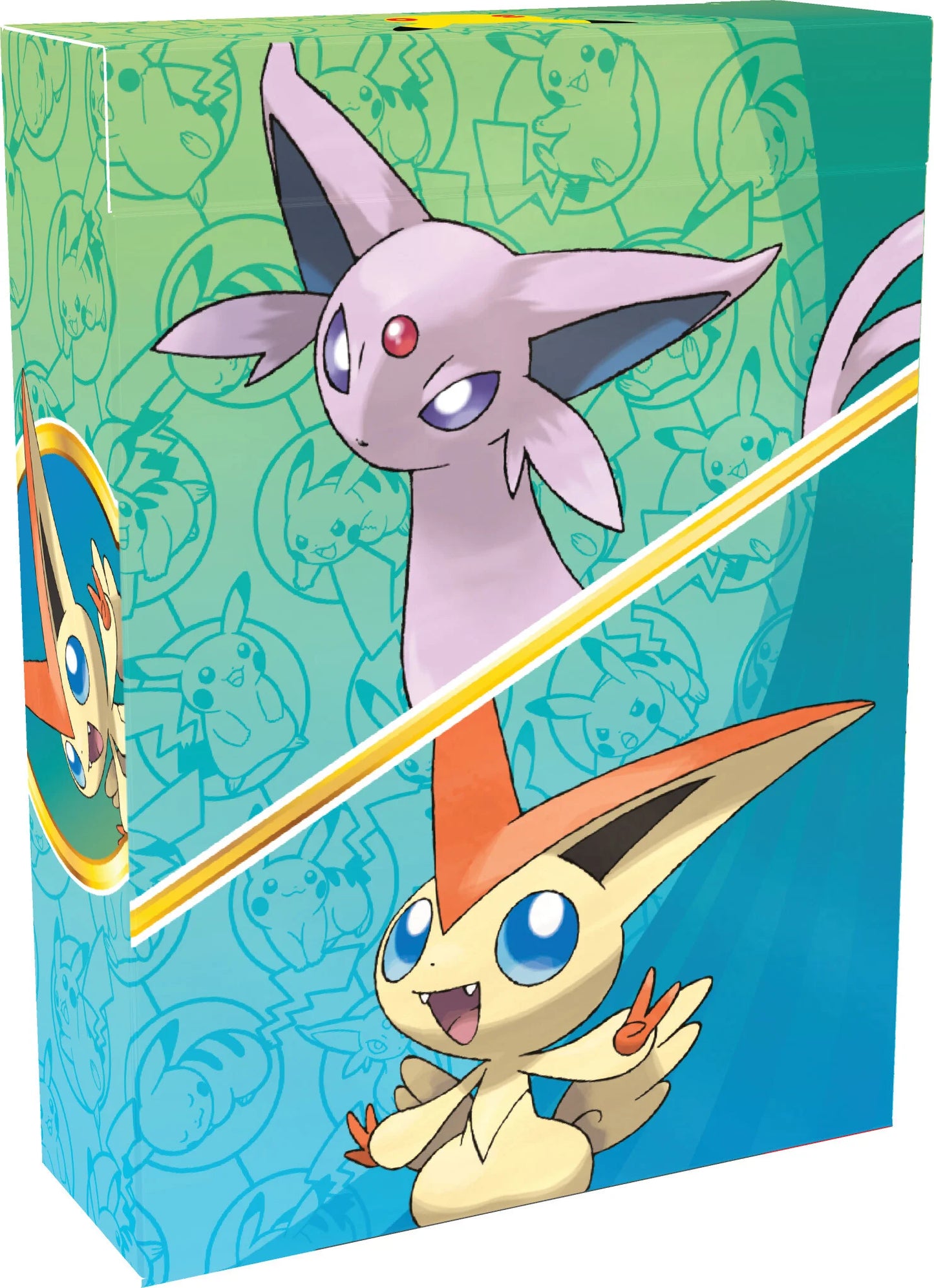 De meegeleverde Pokémon deck box met prachtig artwork van Victini en Espeon om kaarten in op te bergen.
