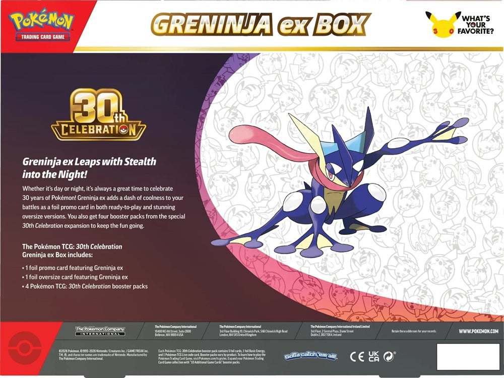 Achterkant van de Pokémon 30th Celebration Greninja ex Box met productinformatie en een overzicht van de inhoud.