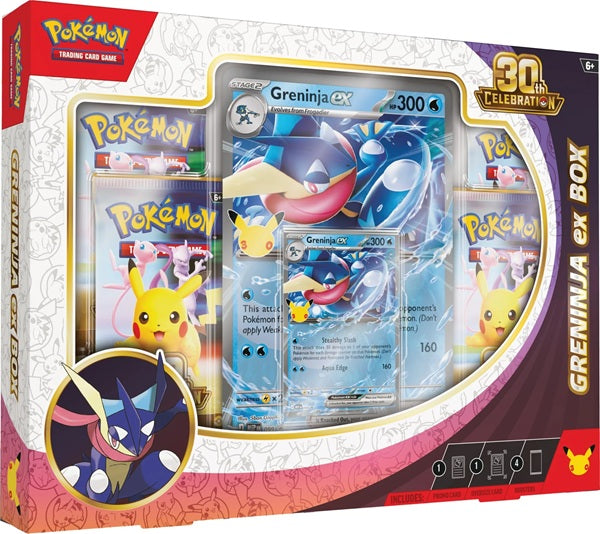 Vooraanzicht van de officiële verpakking van de Pokémon TCG 30th Celebration ex Box Collection Greninja.