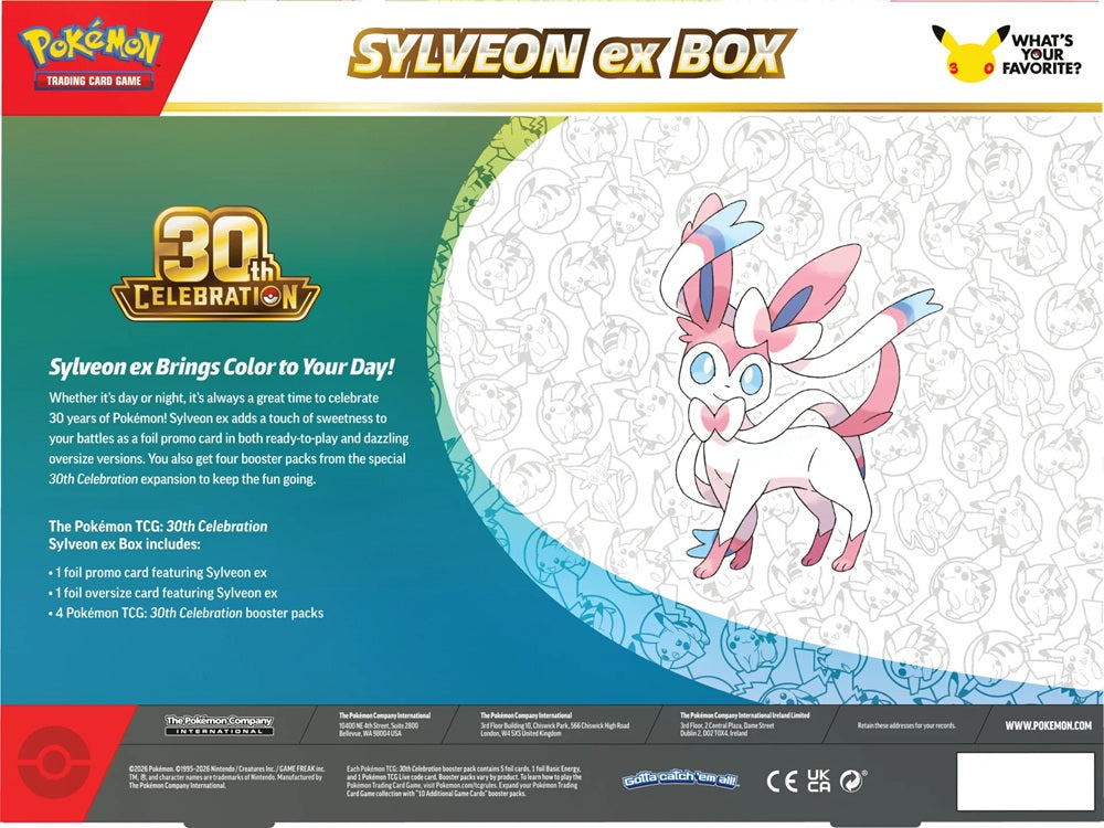 Achterkant van de Pokémon 30th Celebration Sylveon ex Box met productinformatie en een overzicht van de inhoud.