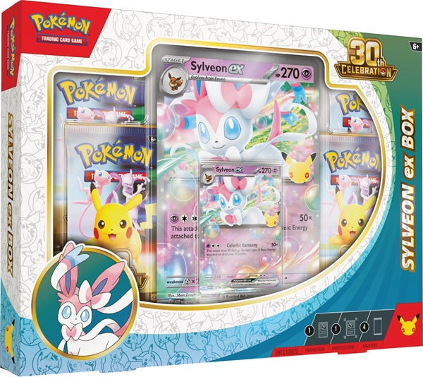 Vooraanzicht van de officiële verpakking van de Pokémon TCG 30th Celebration ex Box Collection Sylveon.