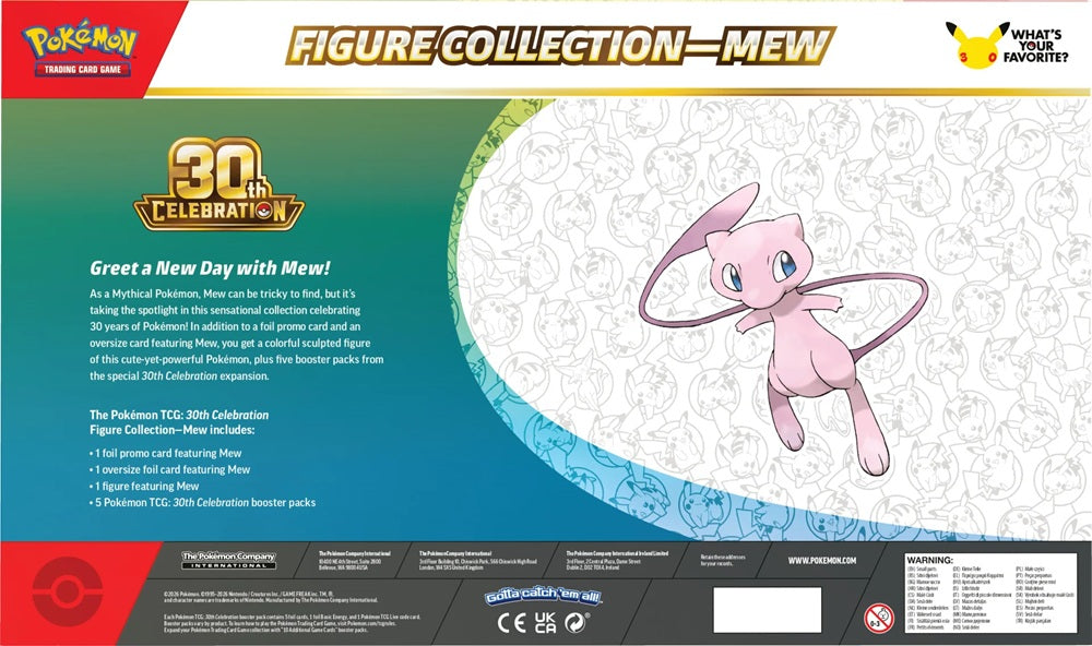 Achterkant van de Pokémon 30th Celebration Mew Figure Collection doos met productinformatie en de complete inhoudslijst.
