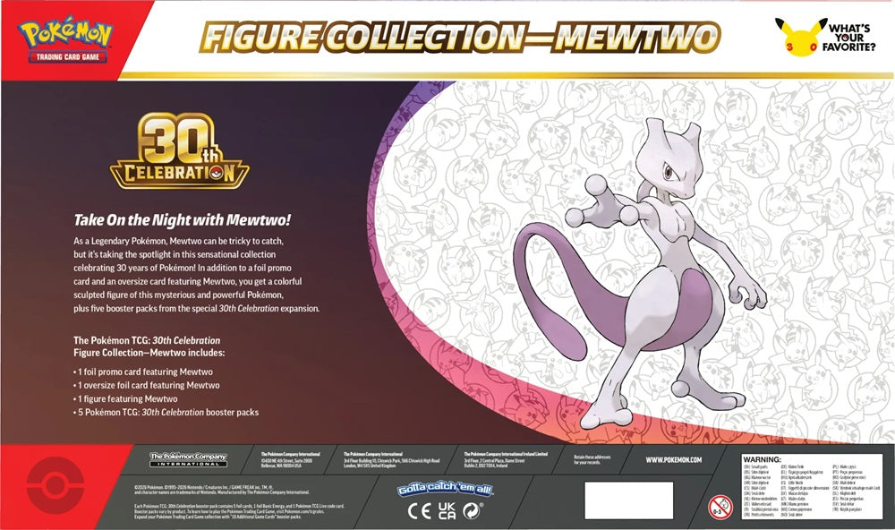 Achterkant van de Pokémon 30th Celebration Mewtwo Figure Collection doos met productinformatie en de complete inhoudslijst.