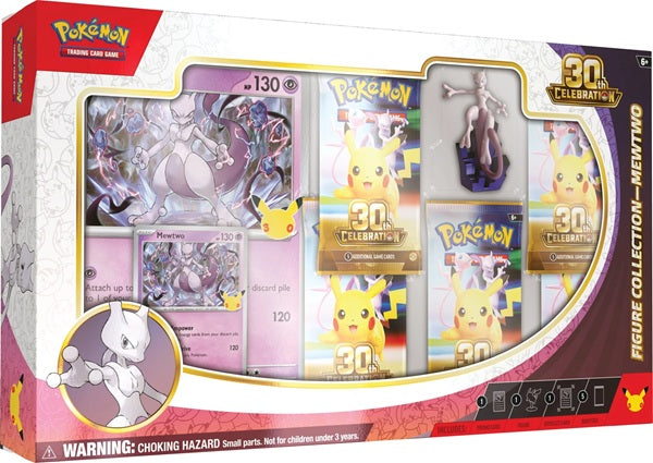 Vooraanzicht van de officiële Pokémon TCG 30th Celebration Figure Collection Mewtwo box.