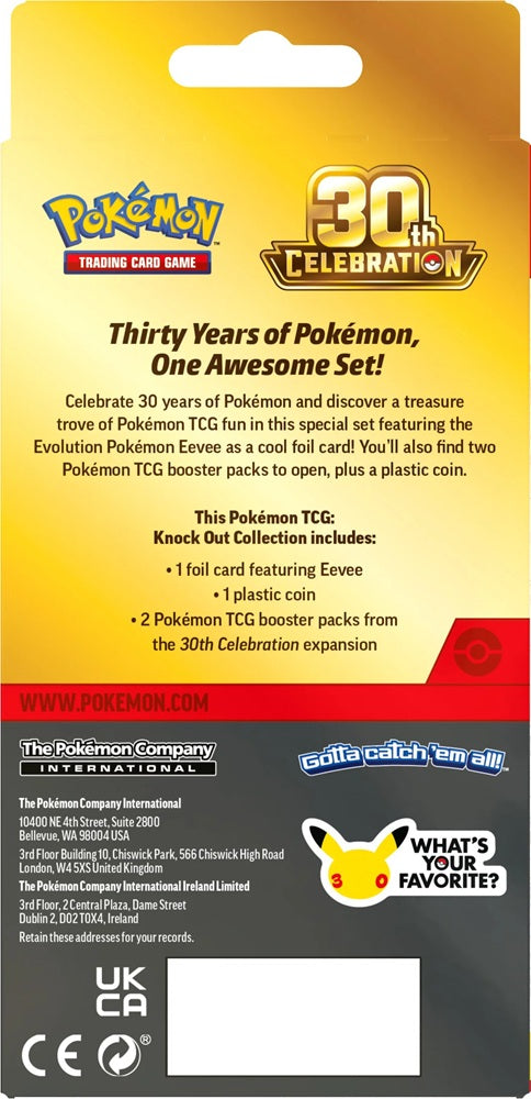 Achterkant van de Pokémon 30th Celebration Knock Out Collection Eevee doos met productinformatie en de inhoudslijst.