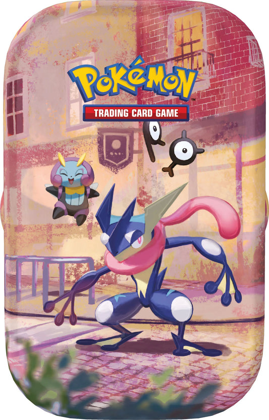 Vooraanzicht van de officiële Pokémon TCG 30th Celebration Mini Tin verpakking met artwork van Greninja, Illumise en Unown.