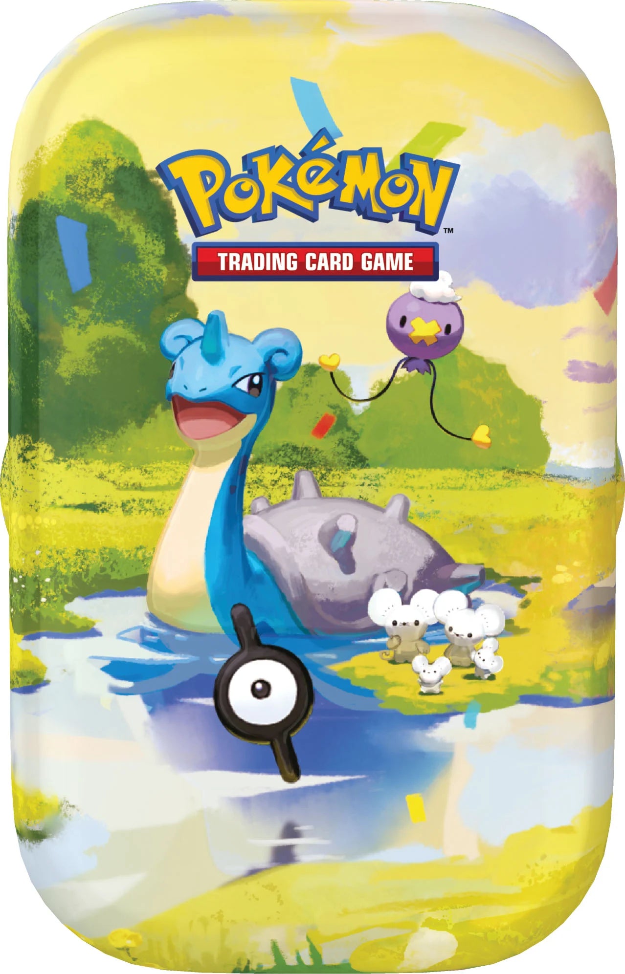Vooraanzicht van de officiële Pokémon TCG 30th Celebration Mini Tin verpakking met artwork van Lapras, Drifloon, Maushold en Unown.