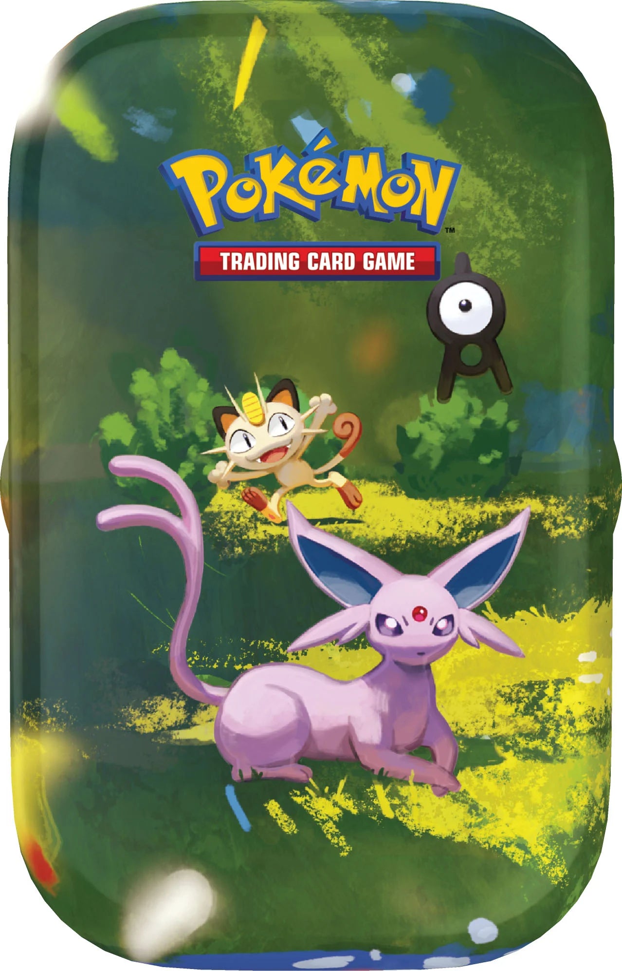 Vooraanzicht van de officiële Pokémon TCG 30th Celebration Mini Tin verpakking met artwork van Meowth, Espeon en Unown.