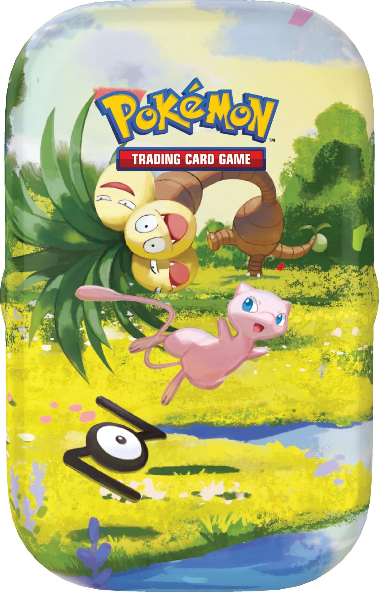 Vooraanzicht van de officiële Pokémon TCG 30th Celebration Mini Tin verpakking met artwork van Mew, Exeggutor en Unown.