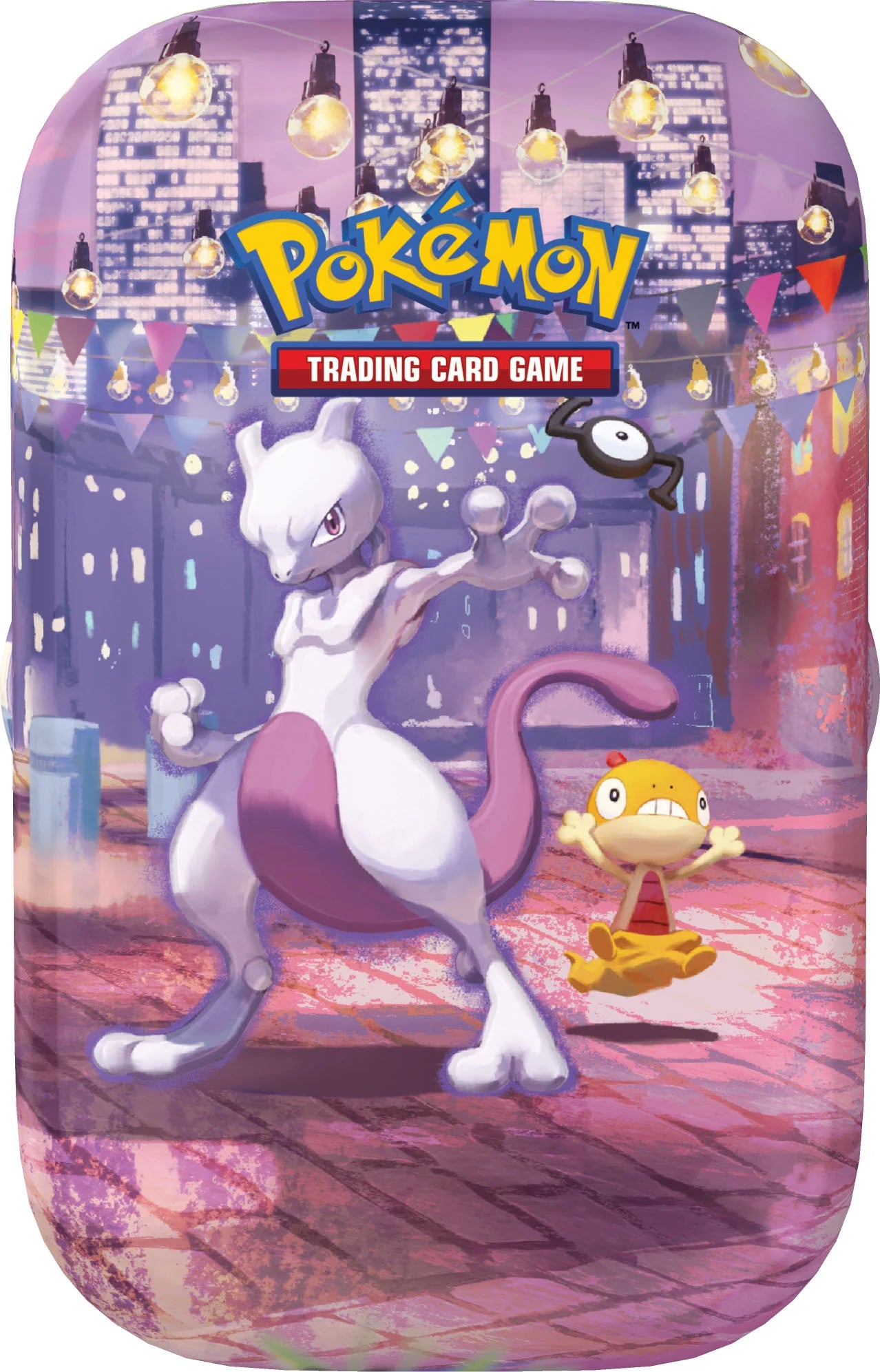 Vooraanzicht van de officiële Pokémon TCG 30th Celebration Mini Tin verpakking met artwork van Mewtwo, Scraggy en Unown.