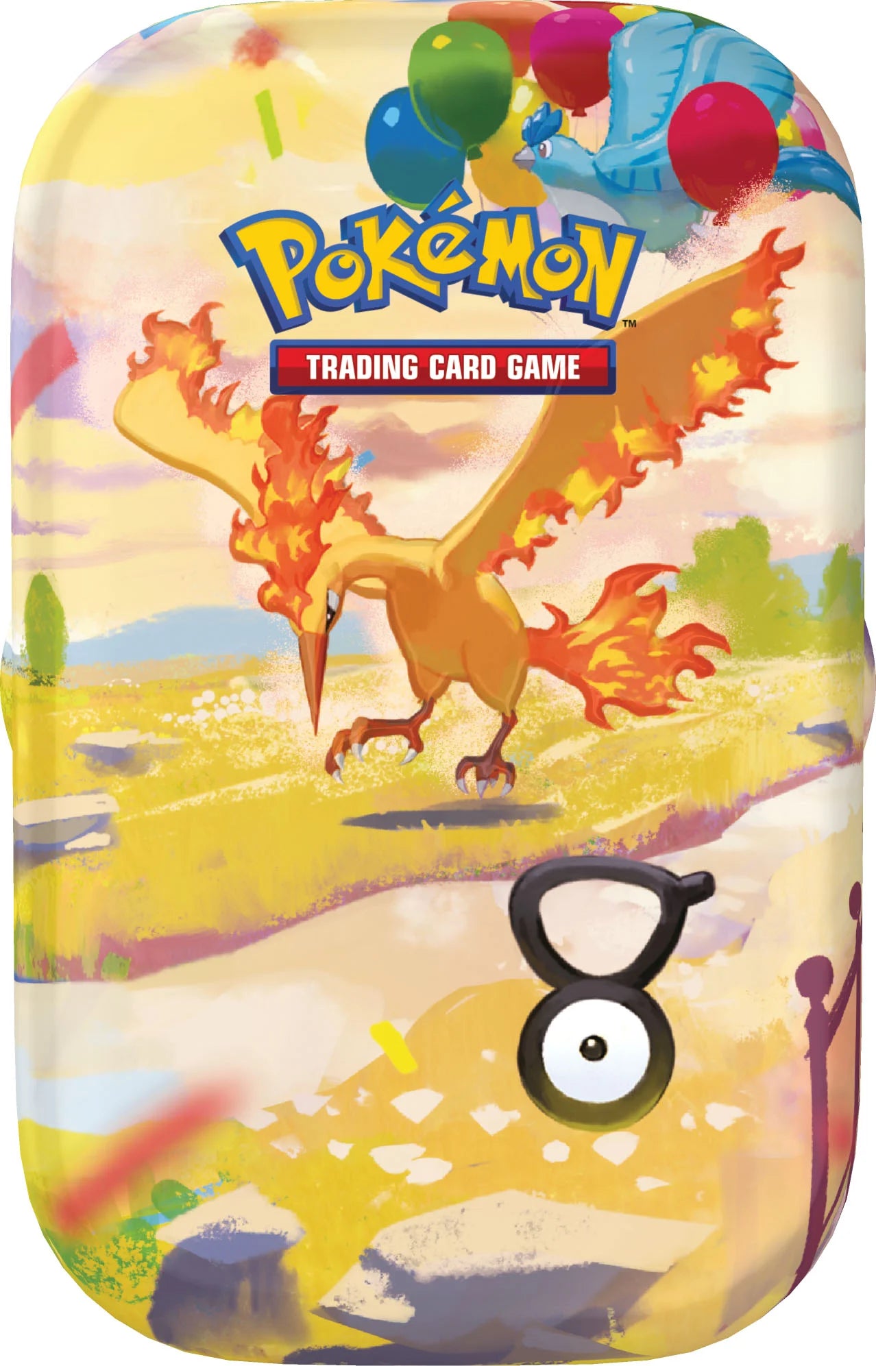 Vooraanzicht van de officiële Pokémon TCG 30th Celebration Mini Tin verpakking met artwork van Moltres, Articuno en Unown.
