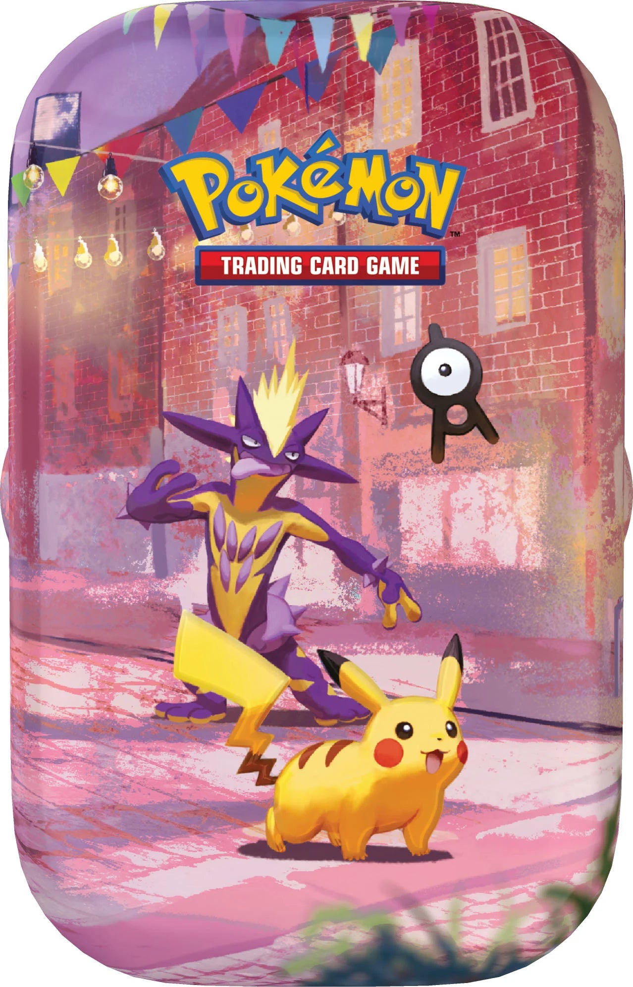 Vooraanzicht van de officiële Pokémon TCG 30th Celebration Mini Tin verpakking met artwork van Pikachu, Toxtricity en Unown.